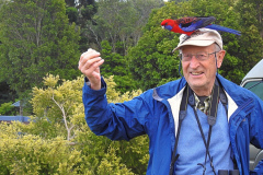 John Plummer in Lamington National Park met een vriendelijke Crimson Rosella op zijn hoofd