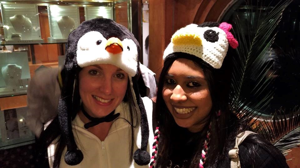 Candice and Anthea on the Flock at Sea cruise, 2017, at the Penguin dress up dinner